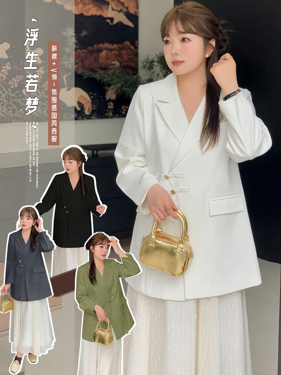 【ぽちゃまに】 通勤 スーツ 大きいサイズ 中華風 体型カバー チャイナ レディース Vネック スートコート30%までに制限