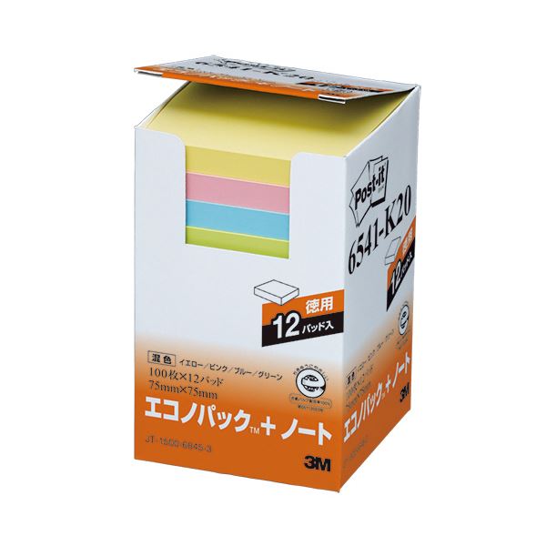(まとめ) 3M ポストイット エコノパック ノート 再生紙 75×75mm 4色 6541-K20 1パック（12冊） (×5セット)
