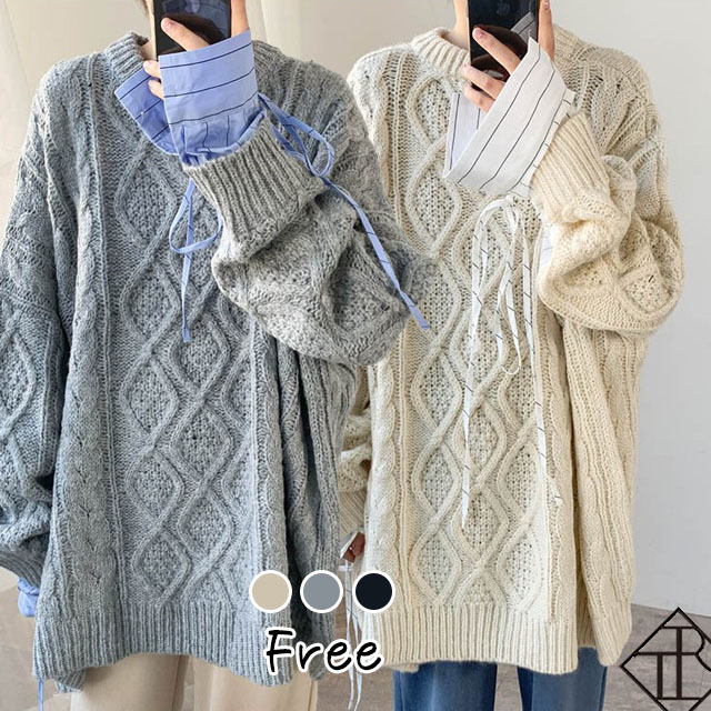 【即納】ニット レディース トップス 長袖 セーター トップス ニットセーター ゆるニット 大きいサイズ おしゃれ クルーネック ルーズ 体型カバー ストライプ シャツ配色 異素材MIX ミニワンピ