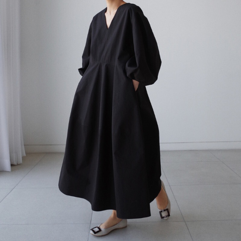 ワンピース フレアワンピース ロング丈 マキシ丈 袖あり ボリューム袖 Vネック 襟なし フレア セミフレア Aライン ハイウエスト 綿 ポリエステル 大人可愛い シンプル カジュアル おしゃれ