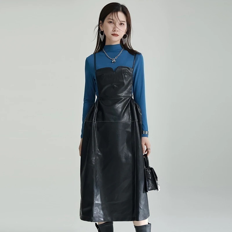 マキシスカート ヘビロテ!キャミワンピース【J.Fashion】 レザー 春 キャミワンピース サロペット ウエスト引き締め 大きい裾 レディース ロングワンピース ドレス メガ割