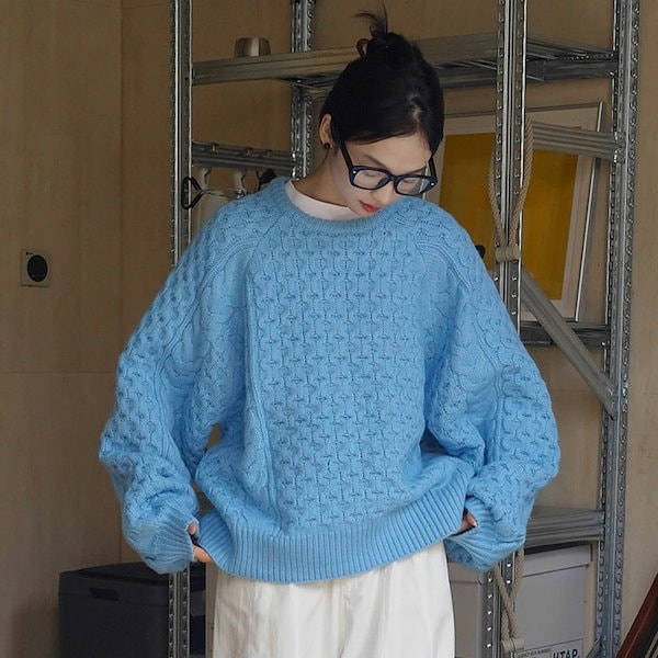 Stone  ブルーネイビー ケーブル編み　ニットセーター　長袖 Qoo10] セーター ニット レディース ウール ケ