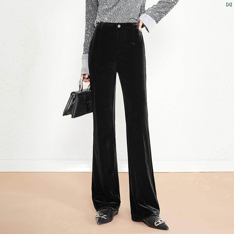 春秋 レディース ゴールド ベルベット ブーツ カット パンツ ハイウエスト たり ストレート 大きいサイズ カジュアル スポーツ