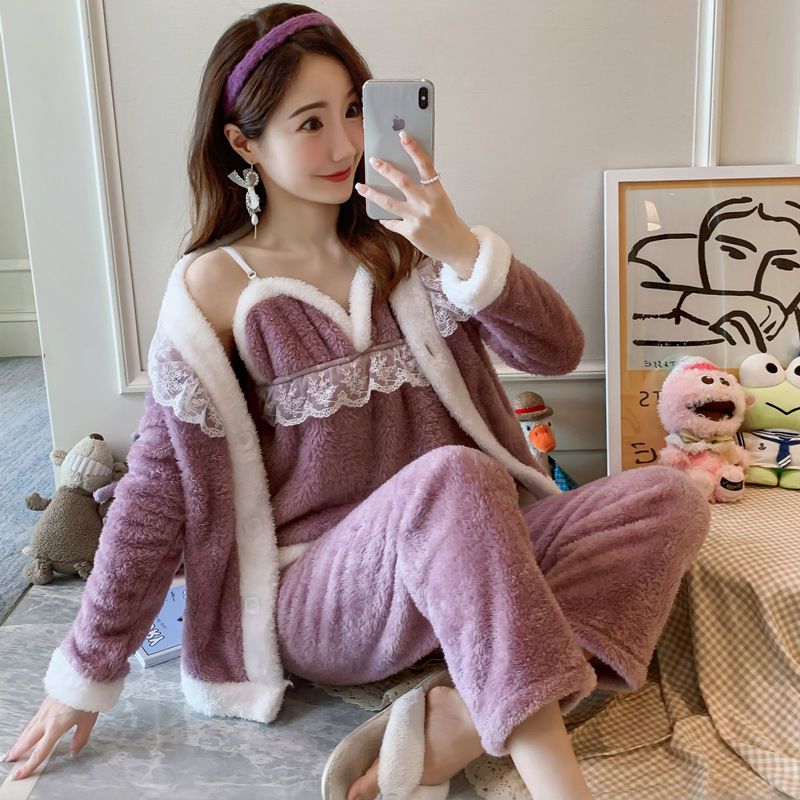 女性のぬいぐるみに厚くフランネルを加える かわいい学生のガウン家着 コーラルパジャマ女 セクシーサスペンダーバスローブ