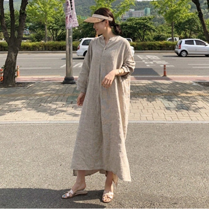 ワンピース レディース シャツワンピ リゾートワンピ スキッパーシャツ 膝下 マキシ丈 袖あり 長袖 スタンドカラー リネン 綿 夏 春 秋 無地 カジュアル シンプル グレージュ ピンク XL