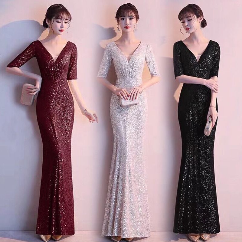 宴会イブニングドレス女性2023年セクシースパンコールフィッシュテールノーブルホストドレススカートロングセクションは薄い 母の日