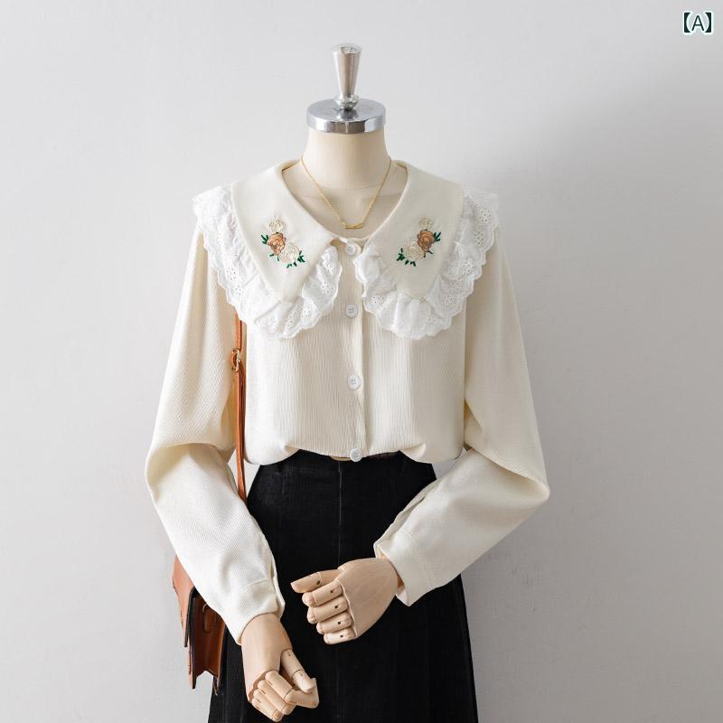 レディース シャツ シフォンブラウス 長袖 春秋 オフホワイト ロマンティック 白のドール襟 フローラル刺繍 レース フェミニン ガーリー かわいい スタイリッシュ ナチュラル ロマンティック ソフト