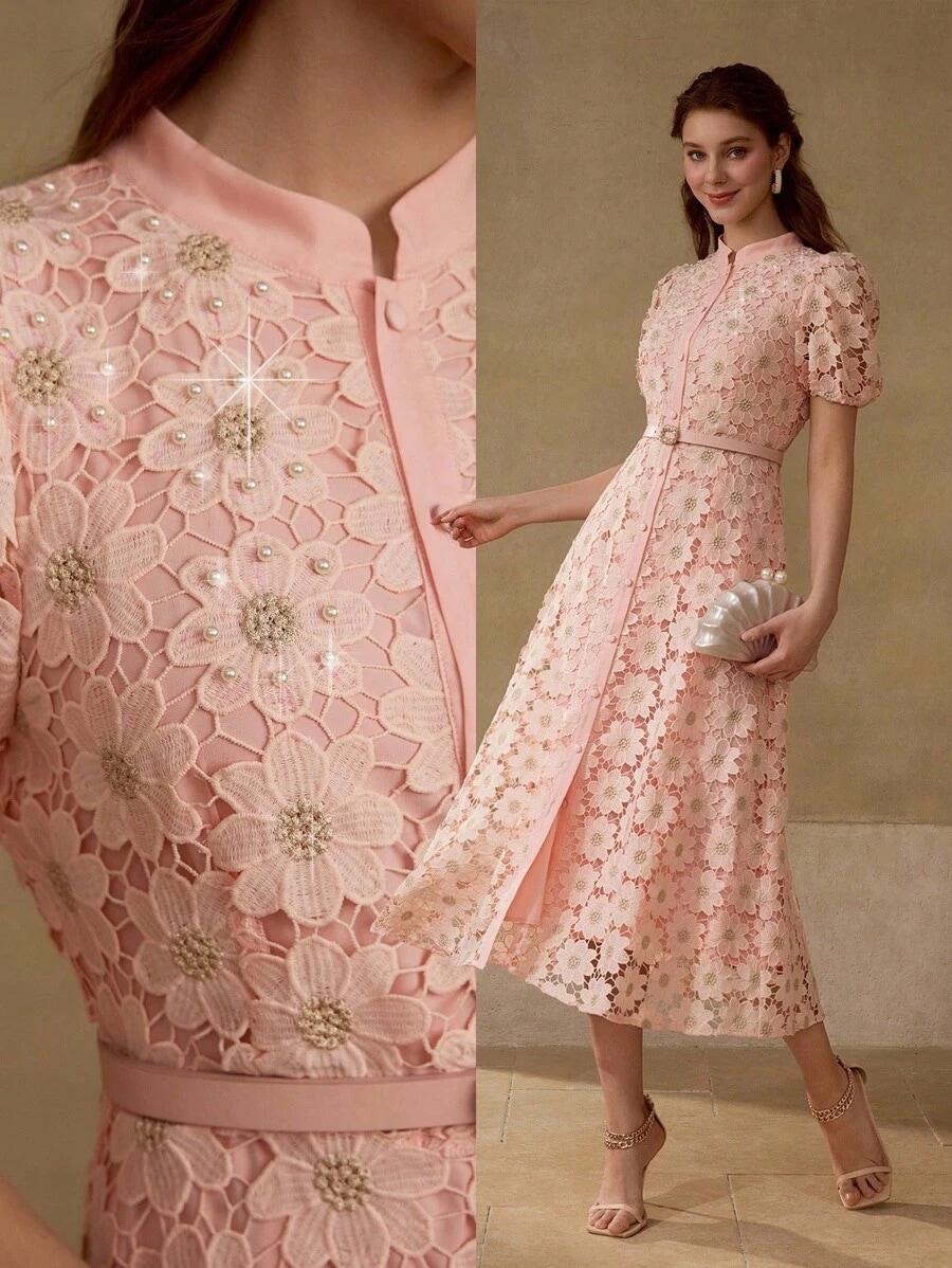 花柄刺繍スタンドカラー パフスリーブ フィット ウエストバンド 膝丈ドレス