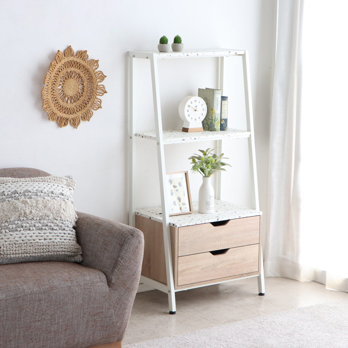 引出し付シェルフ 幅59cm テラゾー柄 小ぶり シェルフ 棚 ラック コンパクト 韓国風 TERASO オープンラック スチール 引出し ディスプレイ 収納 家具