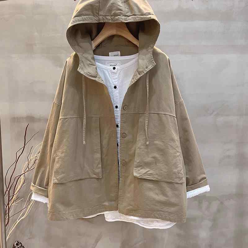 秋服 レディース ファッション オシャレ カワイイ シンプル 大人カワイイ 大きいサイズ ウォッシュ コットン 無地 フード付き カジュアル コート 秋 長袖 アウターウェア
