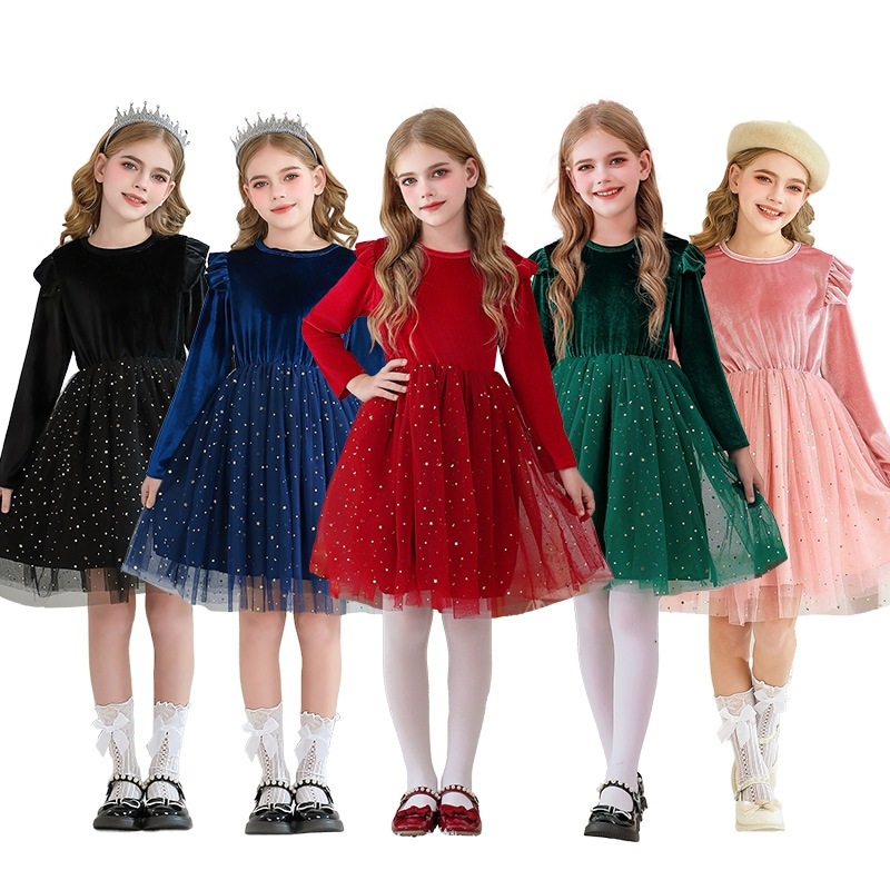 2025 フリル 長袖 ドレス プリンセス クリスマス パーティー パフォーマンス コスチューム 子供用 冬服 星空 メッシュ スカート