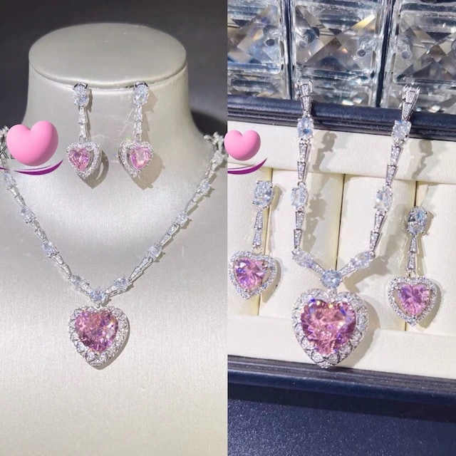 【ピアスネックレスセット】ハート　ピアス　花柄　フラワー　ネックレス　アクセサリー　キラキラ　ラインストーン　ビジュー リボン　ハート　かわいい　ガーリー　可愛い　原宿　渋谷　パール　ネックレス