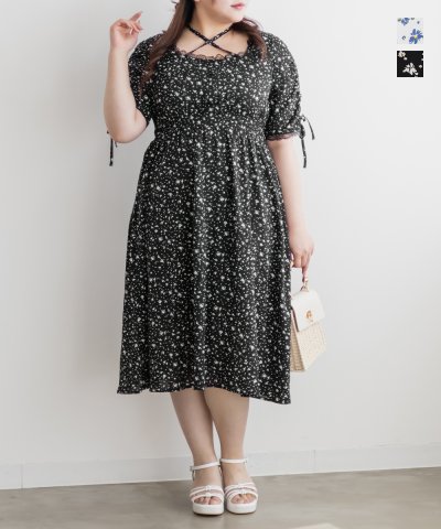 大きいサイズ レディース LL 3L 4L XL XXL XXXL シフォン花柄半袖ワンピース