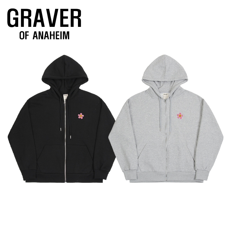 [UNISEX]Pink flower smile embroidery hoodie zip-up_2color