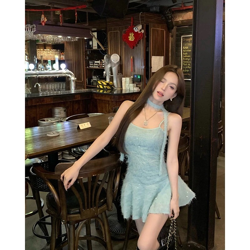 hhbabe ミントグリーン ホルターネックサスペンダーワンピース 夏フレンチ甘辛着痩せ着痩せaラインショートスカート