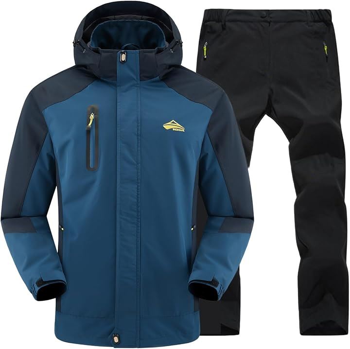 雨風に強い アウトドアジャケット 上下セット メンズ 登山 釣り バイク 自転車 キャンプ トレッキング 防水 ウェア 通勤 通学(1.ネイビー (速乾トレッキングパンツ), XL)