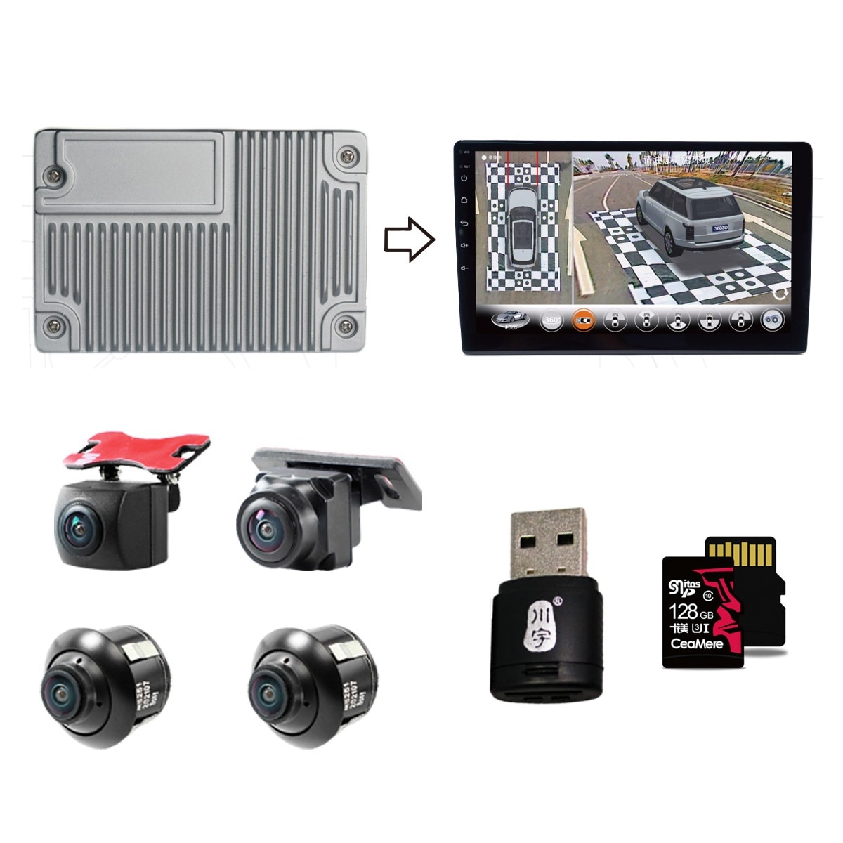 3Dアラウンドビュー Android11モニター メモリ128GBセット ドライブレコーダー 1080P 360度鳥瞰パノラマ映像 全方向3Dバードビュー 空中映像 映像調整シート付 3か月保証