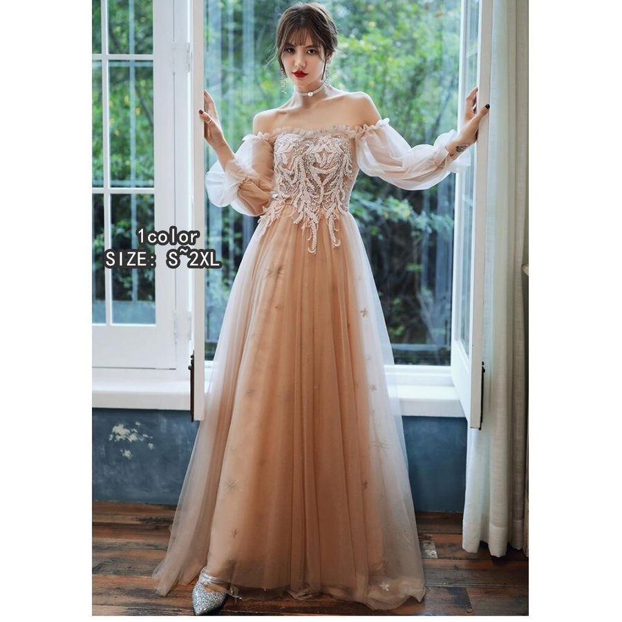 ロングドレス ウエディングドレス パーディードレス 袖あり aラインワンピース 大きいサイズ 二次会