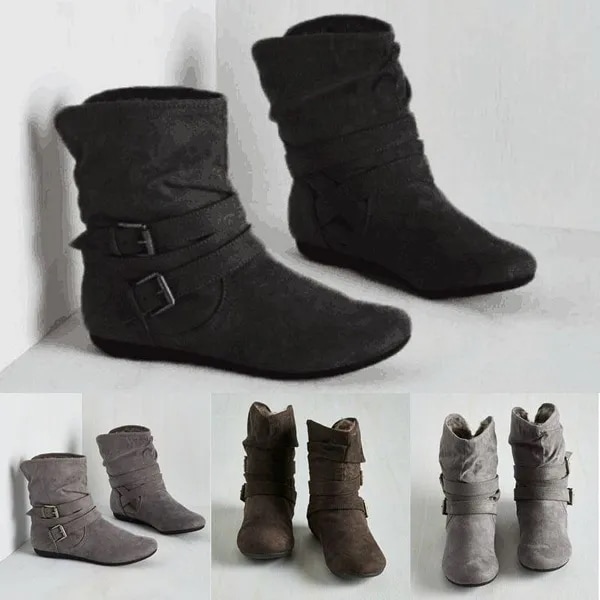 Women Casual Mid Boots Ankle Boots Buckle High Top Shoes Mid Calf Boots Winter Warm Suede Casual Boo