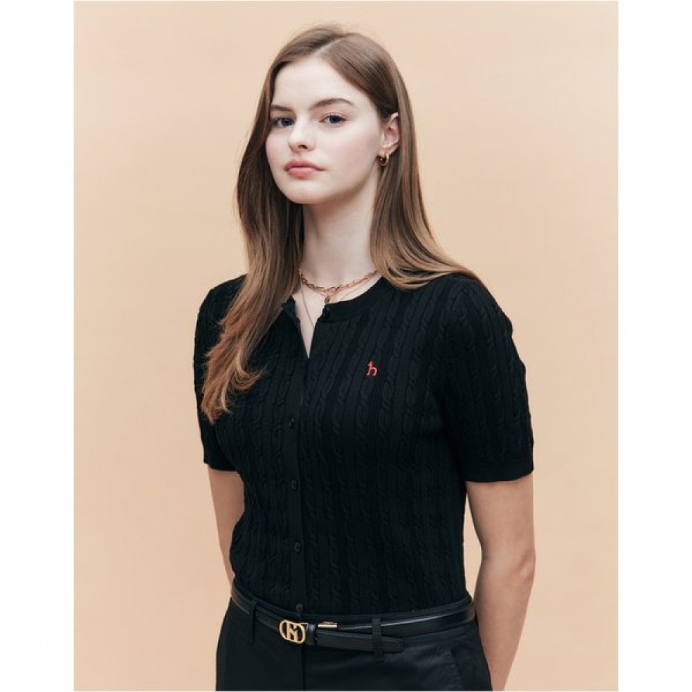 [25SS] [アイコニック] コットンラウンドネックケーブルショートスリーブカーディガン HSSW5AC22BK