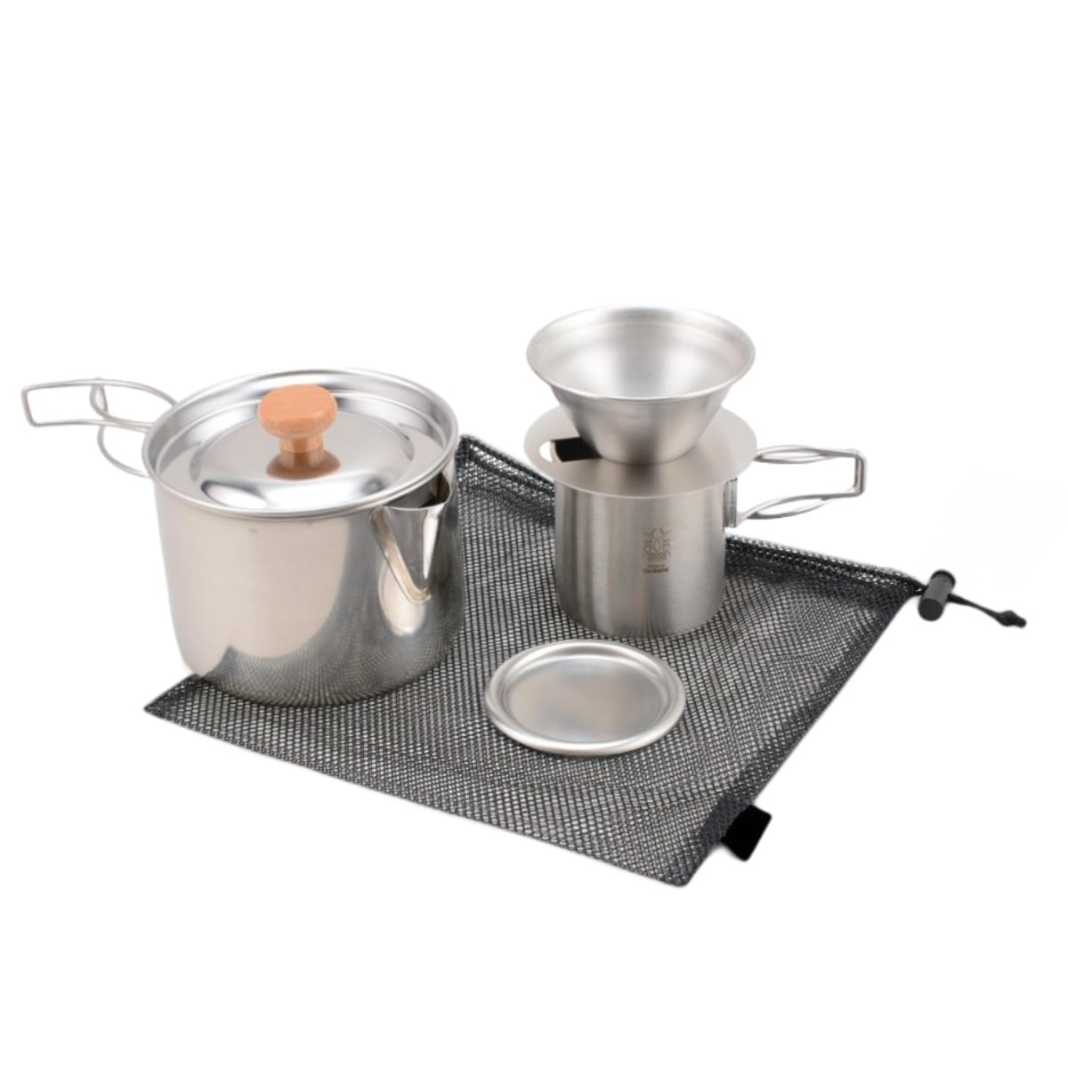 在庫処分特価 アウトドア調理器具 ケトルクッカー＆ドリッパーセット 収納袋付 プリグレース ケトル マグカップ ドリッパー ステンレス アウトドア 鍋 コーヒードリッパー 持ち手付き シルバー
