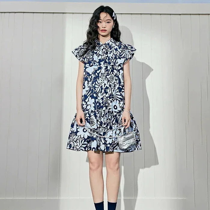 青い砕花ベストサスペンダースカート新夏小飛袖ワンピース人形可愛い韓国ワンピース