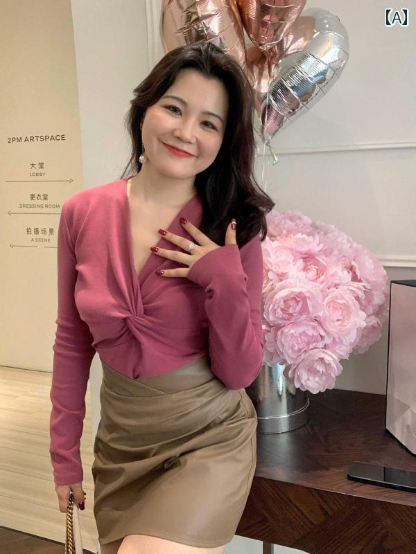 大きめサイズ レディース トップス カジュアル おしゃれ デート 女子会 普段使い Tシャツ 春 v ネック シャツ 無地 ノット シンプル 魅惑 インナー