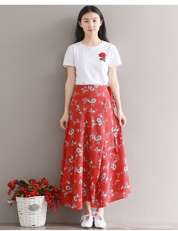 3059.暖かい季節に 花柄ロングスカート（レッド）