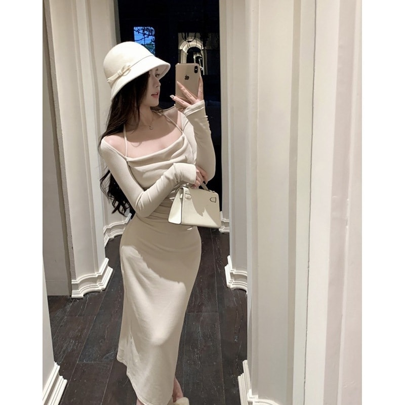 女性用ピンクスクエアネックホルターネックワンピース2025年秋冬新作春物ボトム付きフレンチ風ロングスカート