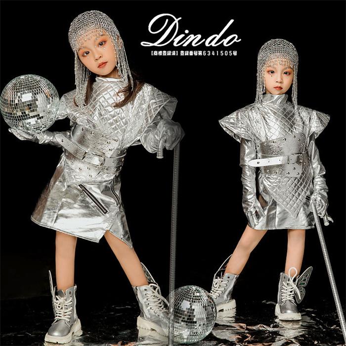キッズ ダンス衣装 ヒップホップ シルバー スカート セットアップ HIPHOP ダンストップス ズボン 子供 女の子 チアガール ステージ衣装