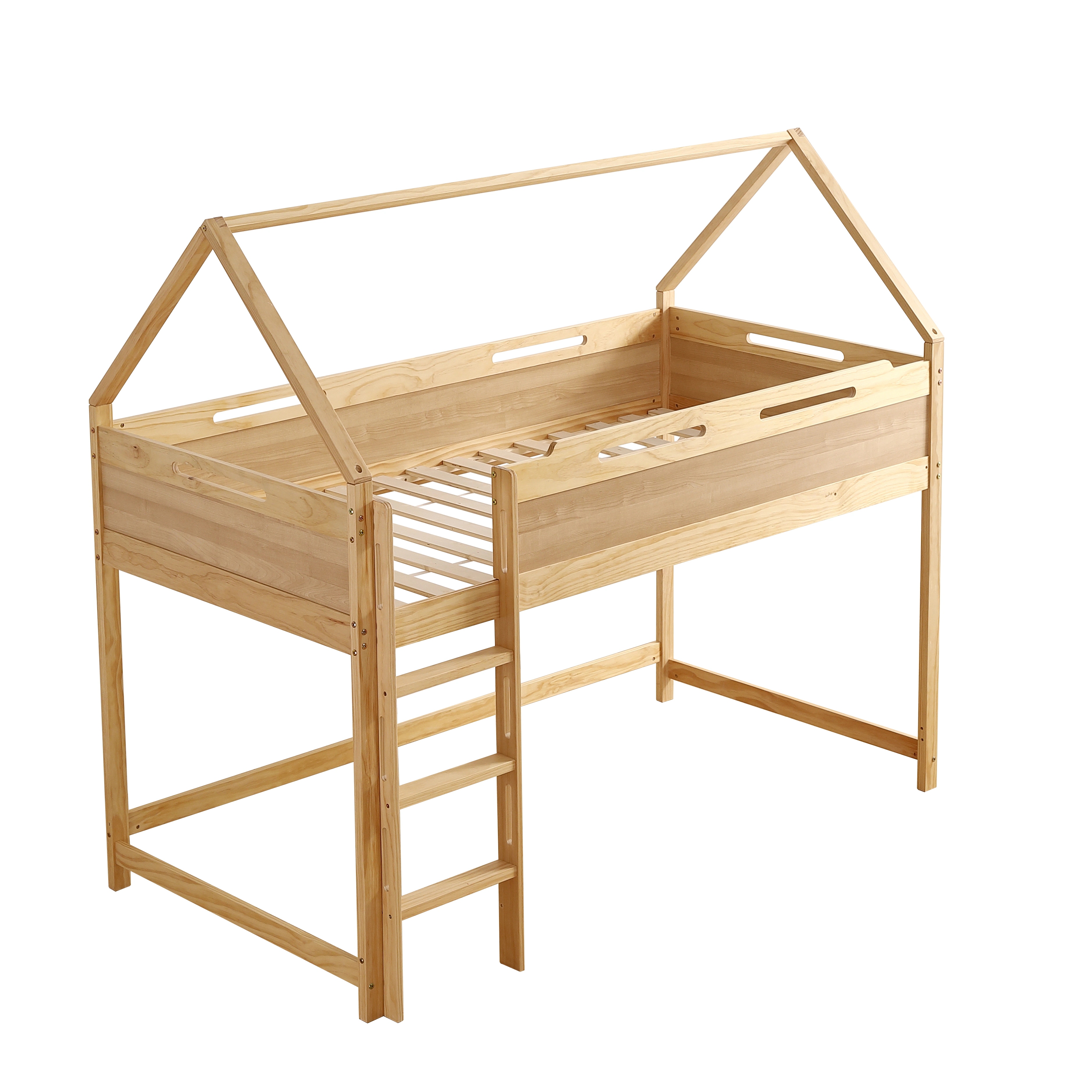 ロフトベッド 屋根付き木製シングルベッド ハウスベッド 収納力 カーテン付き収納庫 北欧風 耐震