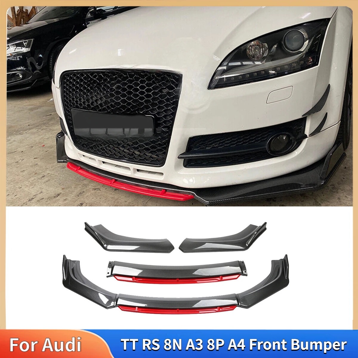 カーボンファイバーカーフロントバンパー,リップスポイラー,ディバイダー,ボディキット,ガード,プロテクターカバー,チューニング,アウディtt,アウディrs,アウディa3,アウディ8p,アウディa4,ア