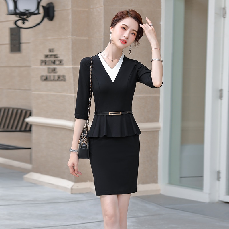女性のスーツの中にドレスアップ春夏のOLのプロフェッショナルな気質ファッショナブルなミッドスリーブの作業服ウエストを細くするミドル丈のスカートL60