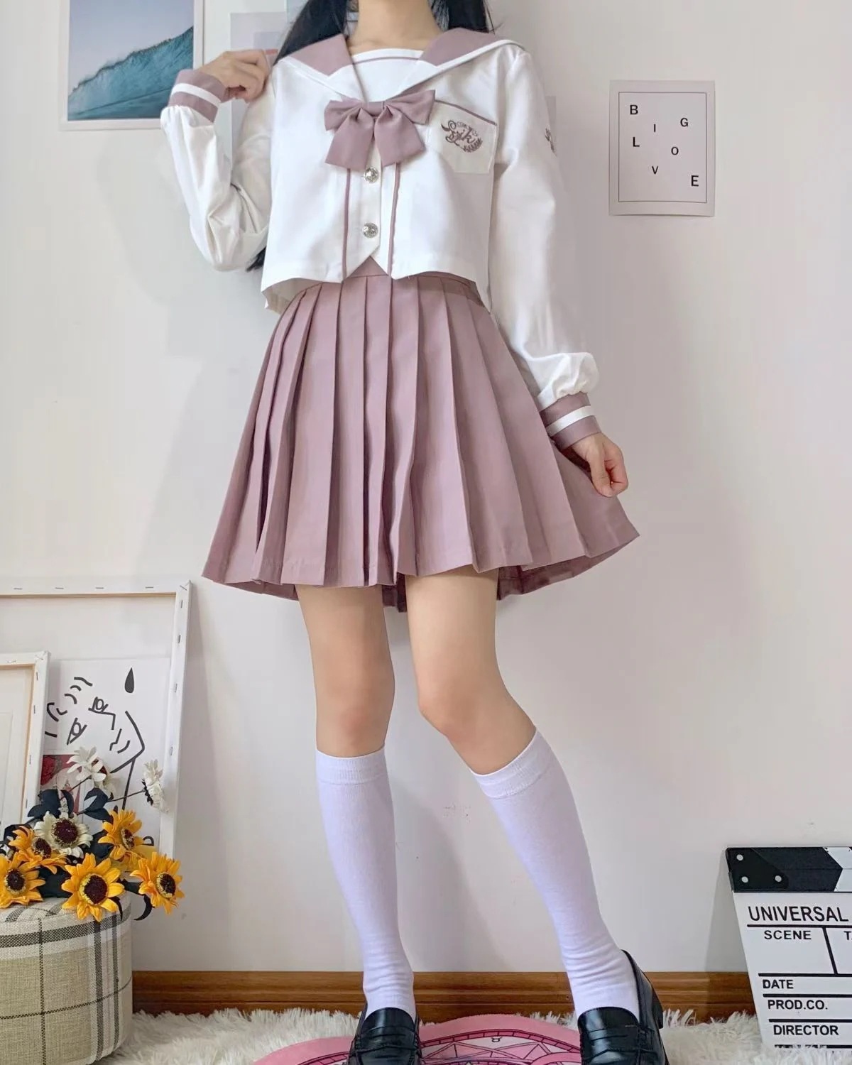 学生制服 セット コスプレ リボン付き ピンク 長袖 大きいサイズ 制服 セーラー服 4点セット