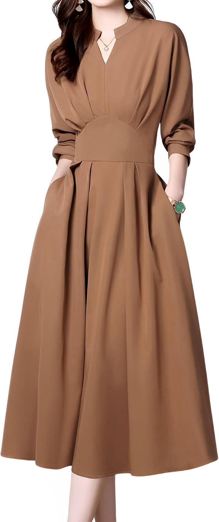 vネック ワンピース ロング 長袖 レディース 春ワンピース 入学式 オフィスカジュアル パーティードレス タイトワンピース(ブラウン, M)