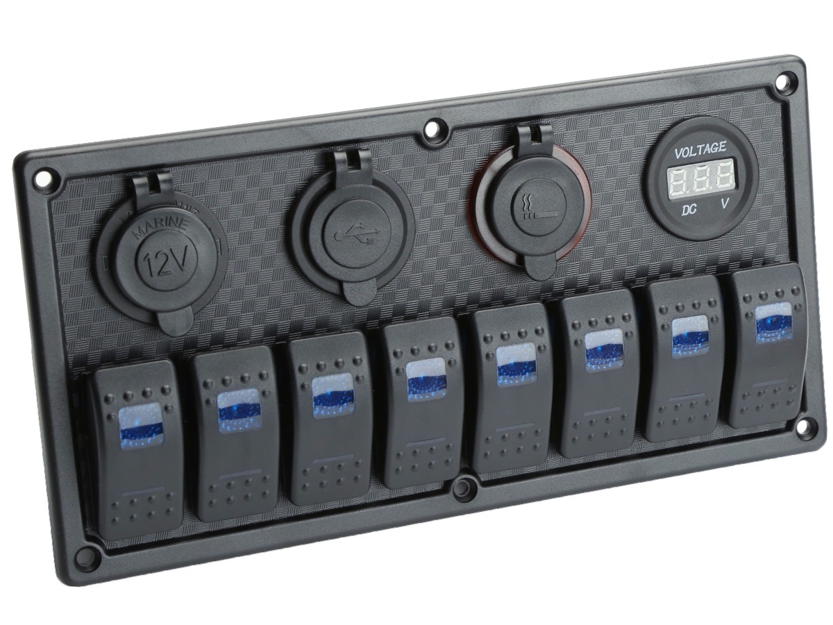 8連防滴 ロッカスイッチパネル LEDパイロットランプ 電圧計 シガープラグ USB電源 ステッカー100個 I-277