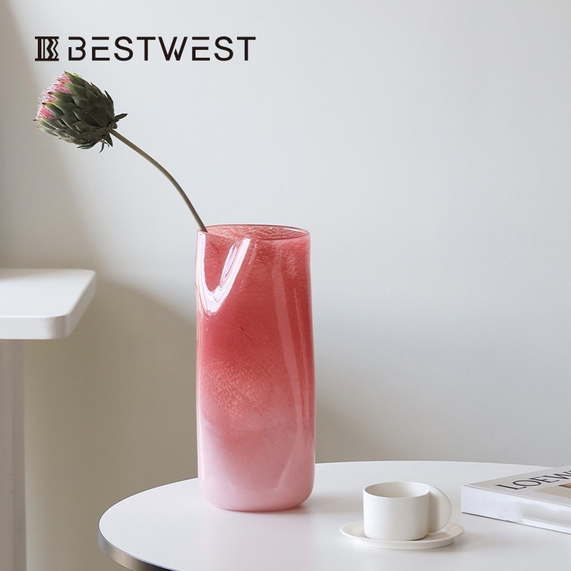 オレンジピンクグラデーションストレートシリンダーガラス花瓶置物高級ホームリビング水培花器 5,633円