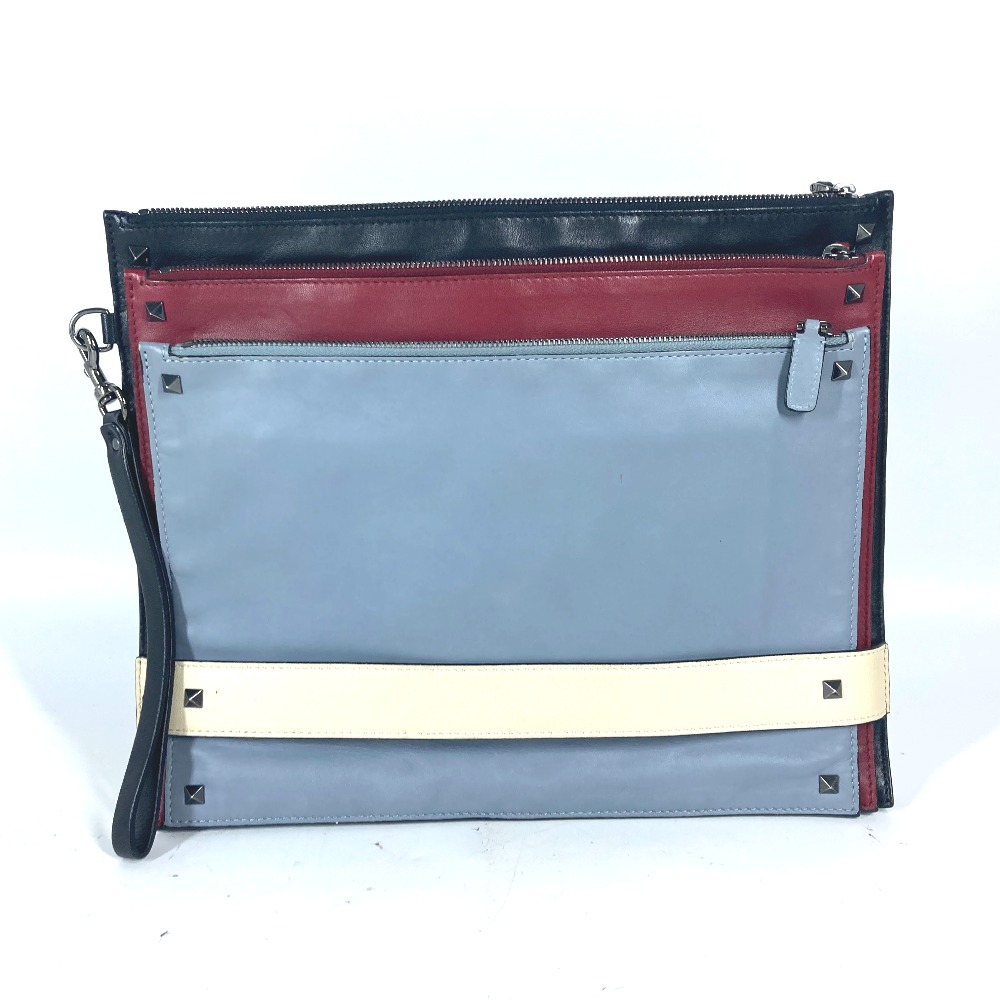 VALENTINO ヴァレンティノ クラッチバッグ 3連 スタッズ セカンドバッグ トリコロールカラー カバン レザー ブラック