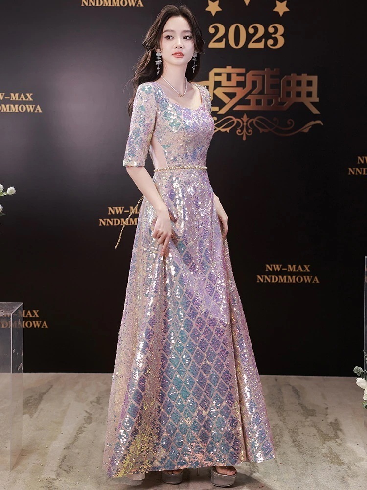 女性用雰囲気宴会イブニングドレス2025気質スパンコールホスト高級感