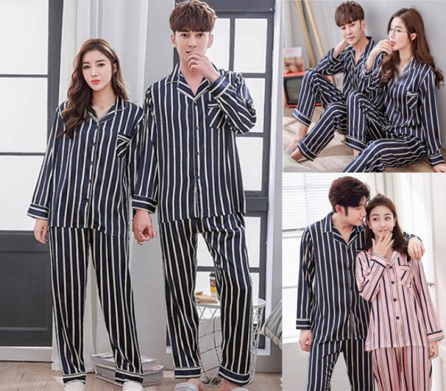 「ペア販売」シルク ペアルックパジャマ 上下セット カップルペアルック パジャマワンピースレディース 春秋夏ルームウェア 長袖 ペアルックパジャマお揃い ファッション 涼しい ストライプ