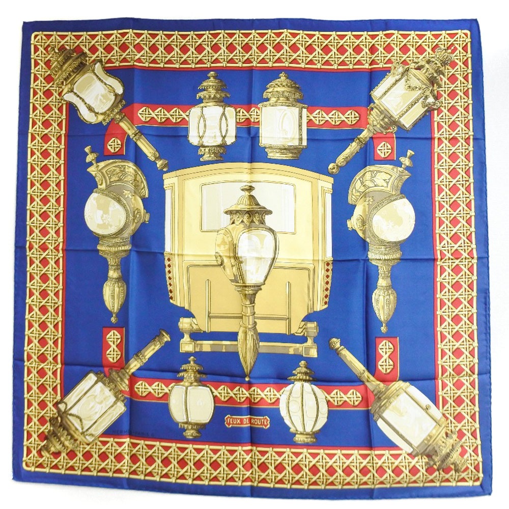 【エルメス】カレ90　Feux de route 中古美品　B-007 エルメス カレ 90 FEUX DE ROUTE APERCUS LA NUITE オレンジ
