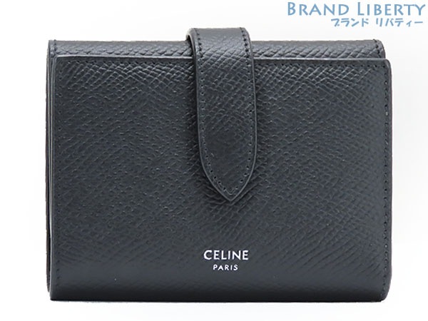 ほぼ新品セリーヌファインストラップウォレット三つ折り財布コンパクト財布ブラックグレインドカーフスキン10H483BEL.38SI