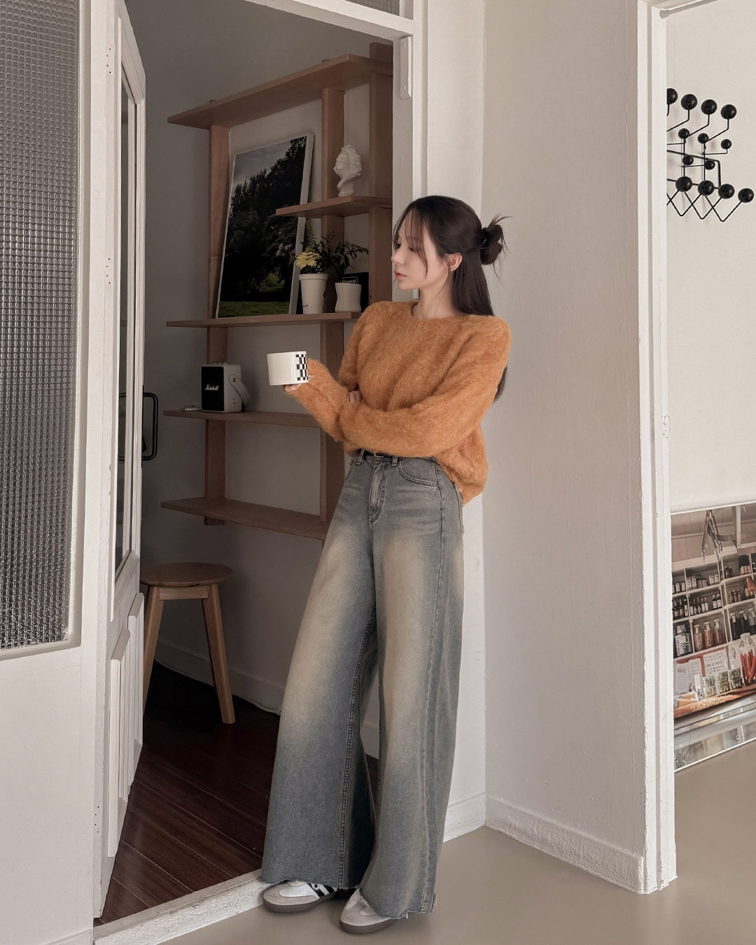 裏起毛ウォッシングワイドデニムパンツ韓国ファッション レディース