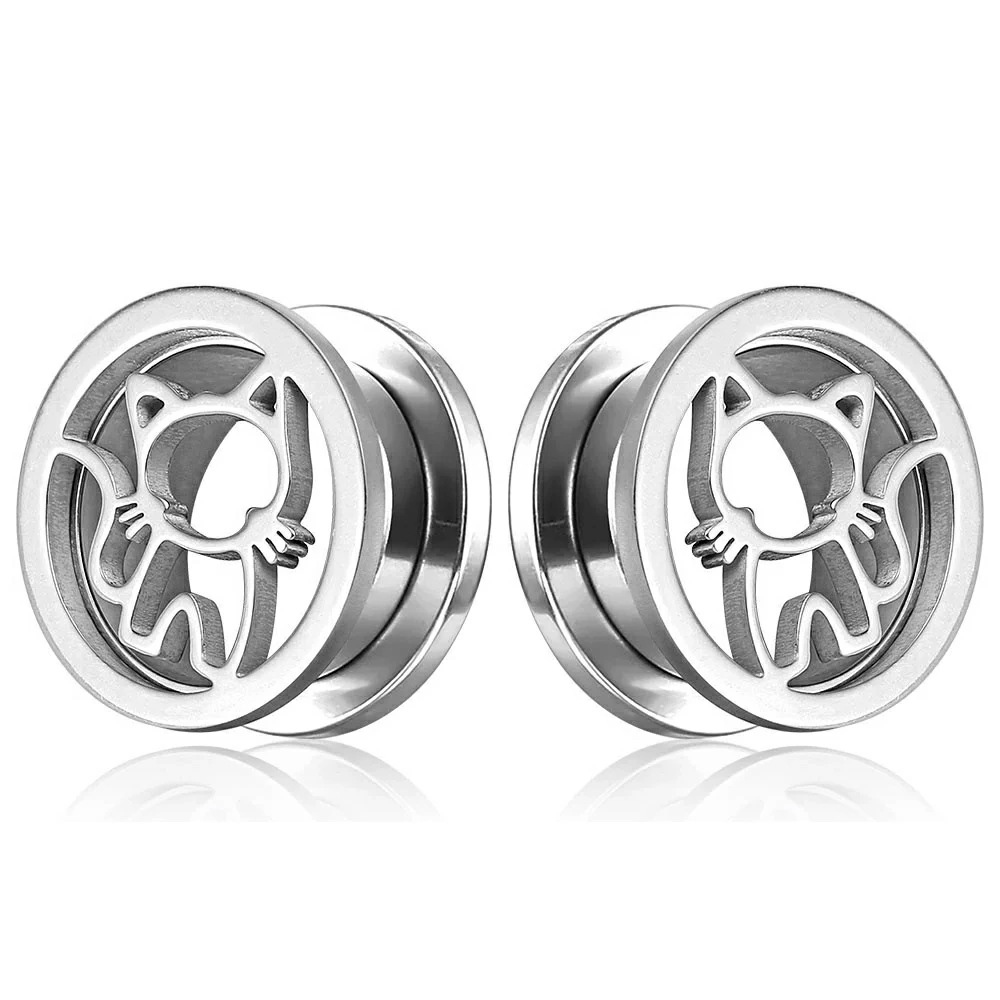 [ 0G 00G 12mm ボディピアス] キャットトンネル（シルバー）１ペア販売 0ゲージ 00ゲージ 12.0mm 猫 ねこ 動物 アニマル 銀色 シルバー ボディーピアス メンズ レディース ネ