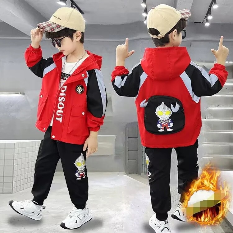 大好評 ウルトラマン服セットの男の子とベルベット厚付けセットの男の子洋カッコイイ子供服冬服スパイダーマンの2着