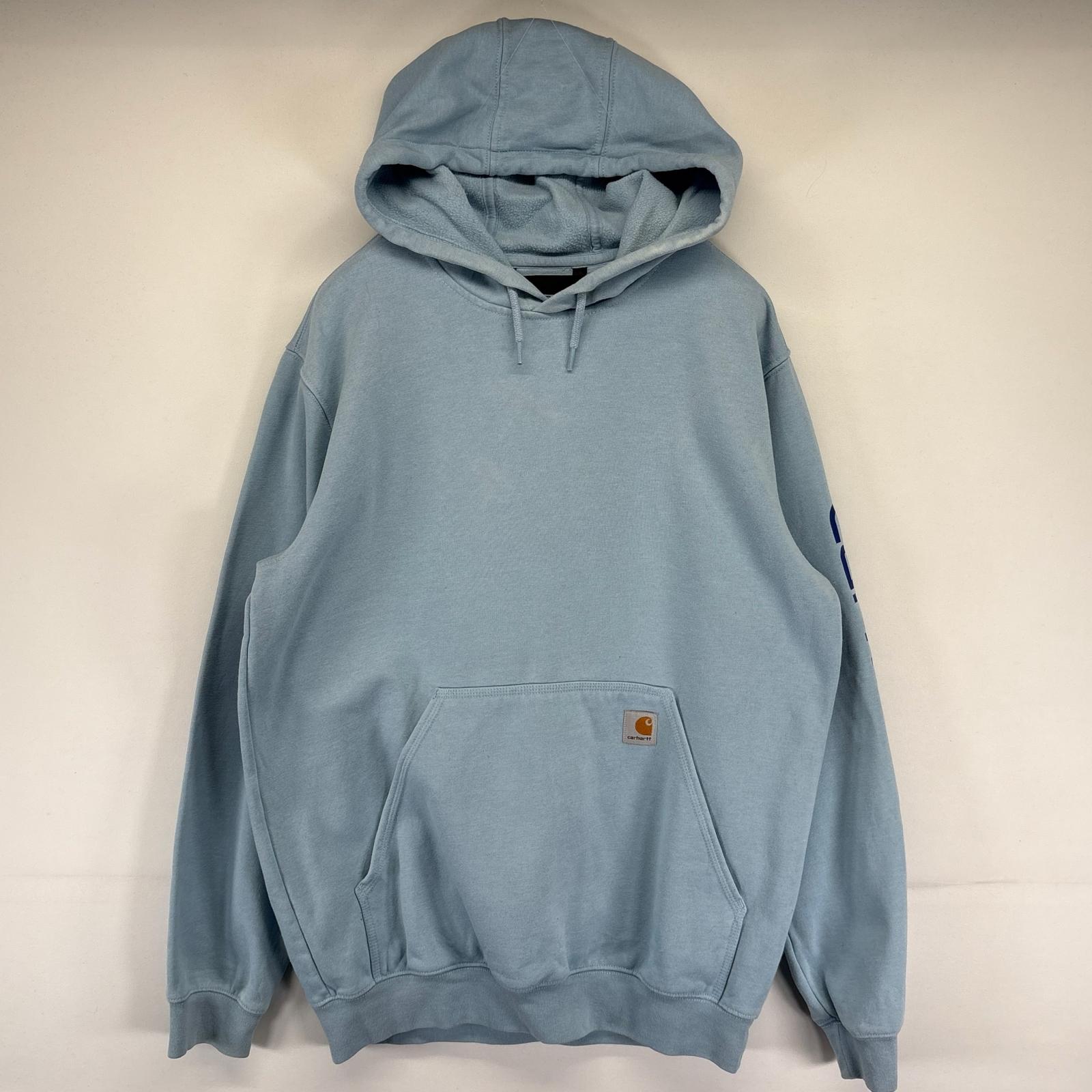 古着 パーカー プルオーバー スウェット スリーブロゴ ルーズフィット M 水色 メンズ