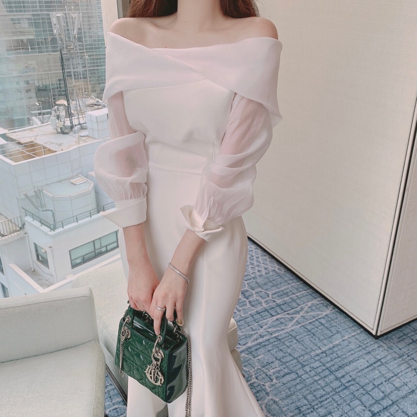 オフショル シースルー オーガンジー 透け感 韓国 レディース オルチャン ロング 長袖 ぽわん袖 スリム 細身 マーメイド ウエストリボン バックリボン ハイウエスト かわいい