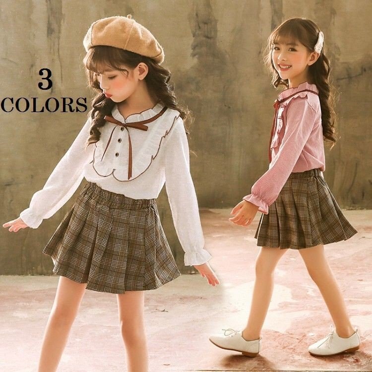 ブラウススカートセットアップタータンチェックキッズジュニア女の子子供服長袖プリーツウエストゴムミニ丈