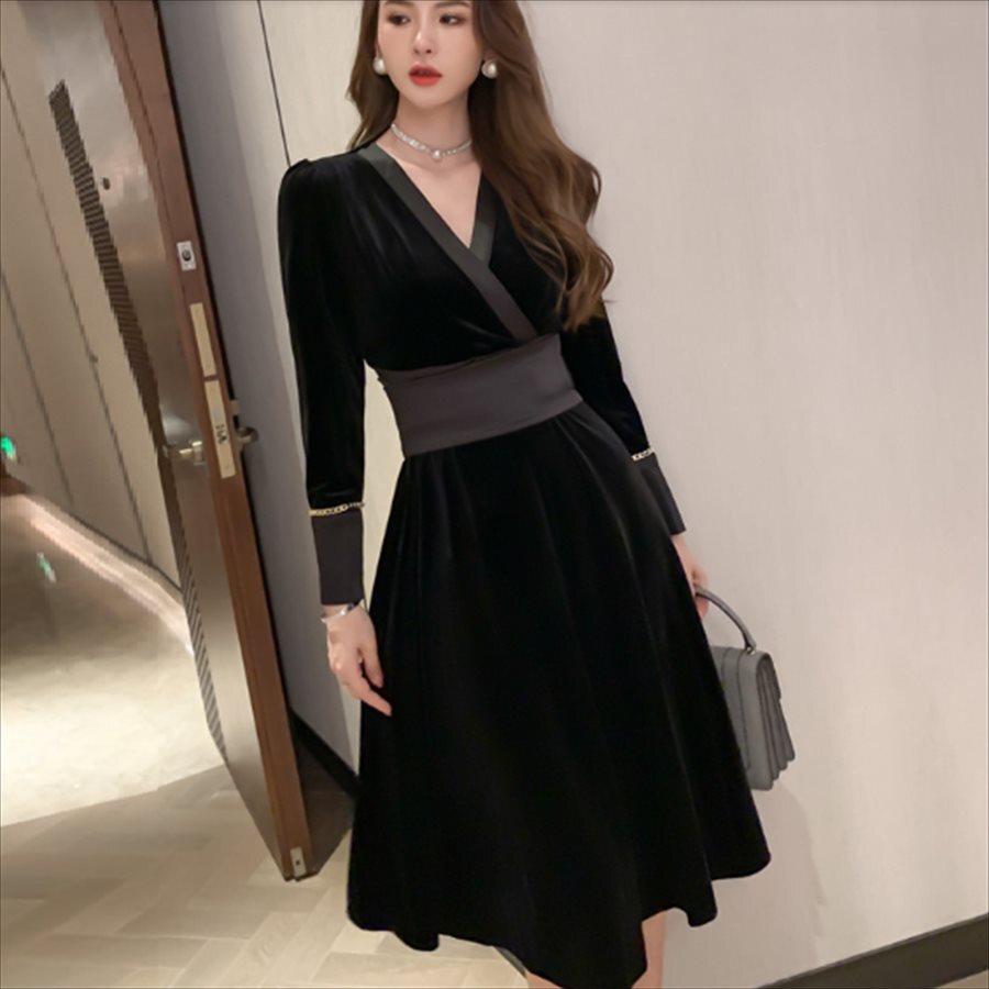 ロングドレス ドレス dress 衣装 ワンピース パーティードレス パーティドレス ロング ロング丈 ミモレ ミモレ丈 袖あり 長袖 Vネック Aライン フレア キラキラ ビジュー装飾