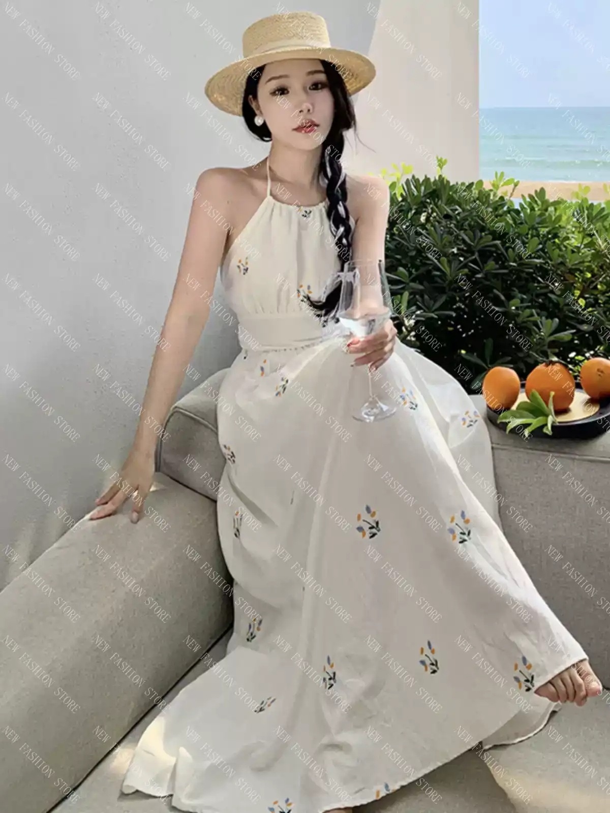 首掛けスカートタイデイジー刺繍バックレスドレス-13